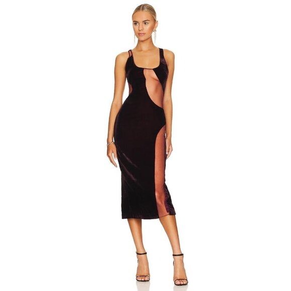 NBD Arsha Midi Dress in Burgundy Small New Womens Velvet Sheer Cocktail - Picture 1 of 10